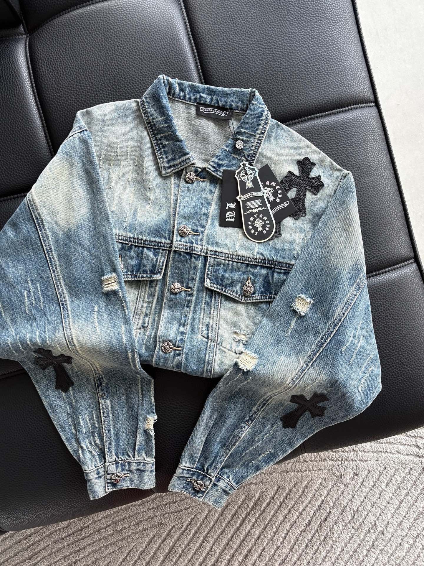 Chrome Heart Classic CH Cross Leather Denim Jacket