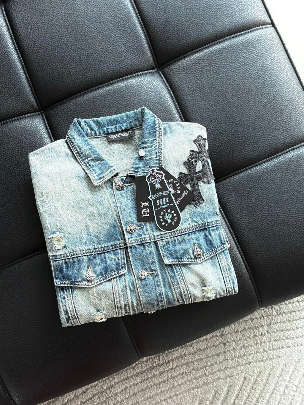 Chrome Heart Classic CH Cross Leather Denim Jacket