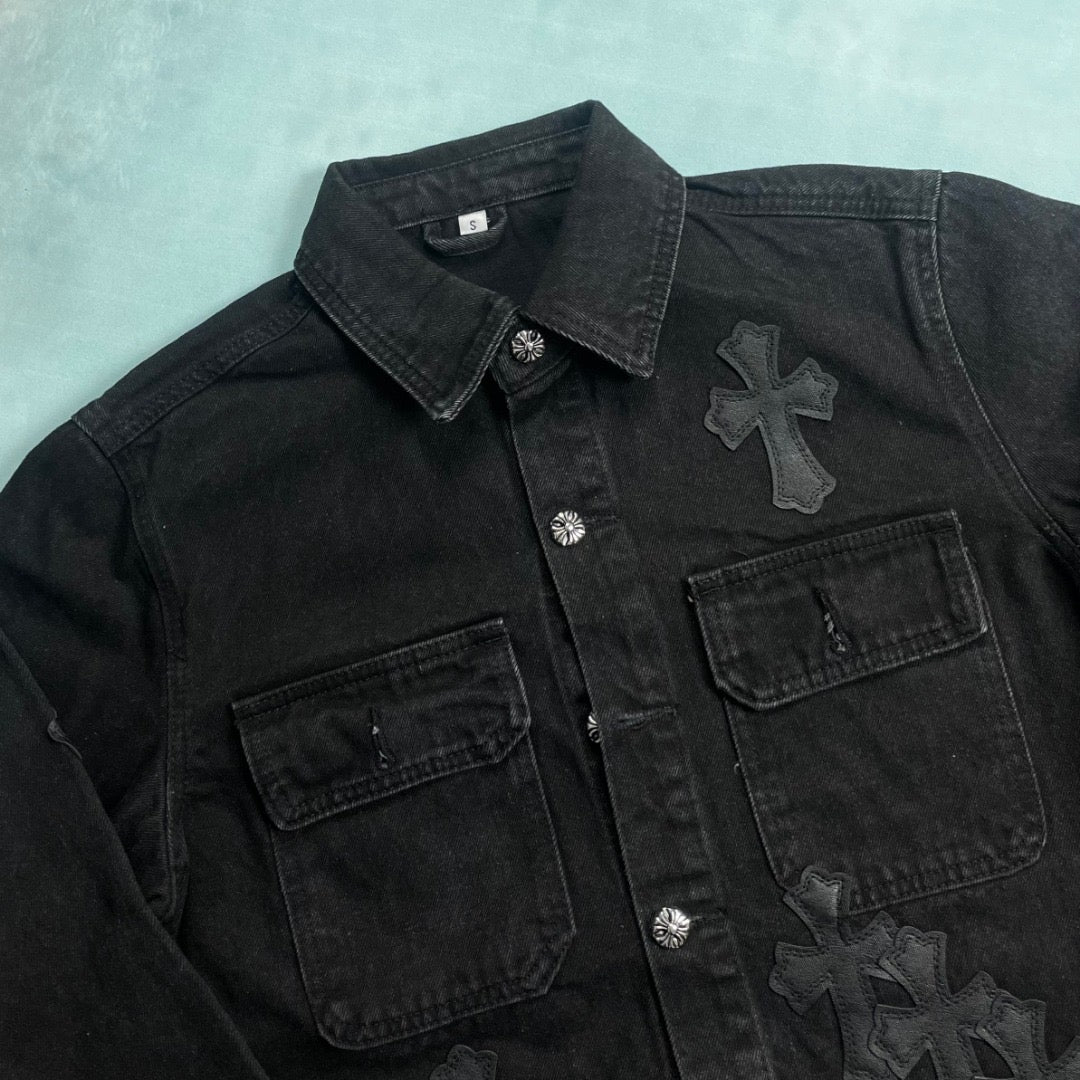 Chrome Heart Classic CH Cross Leather Denim Jacket