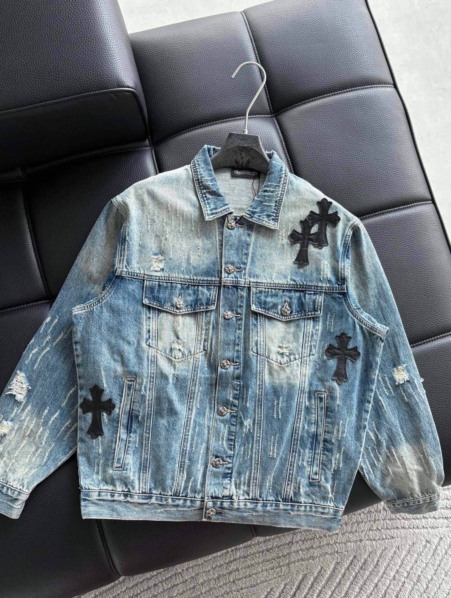Chrome Heart Classic CH Cross Leather Denim Jacket