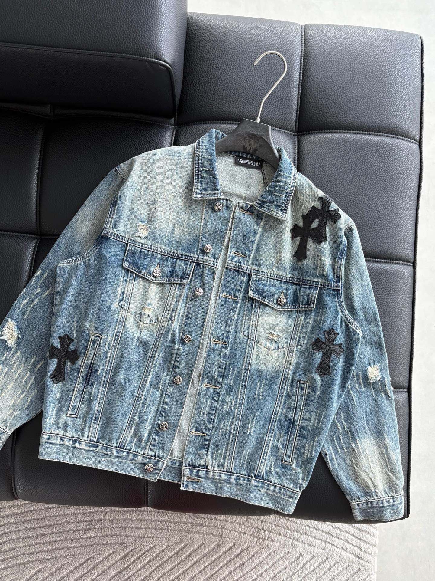 Chrome Heart Classic CH Cross Leather Denim Jacket